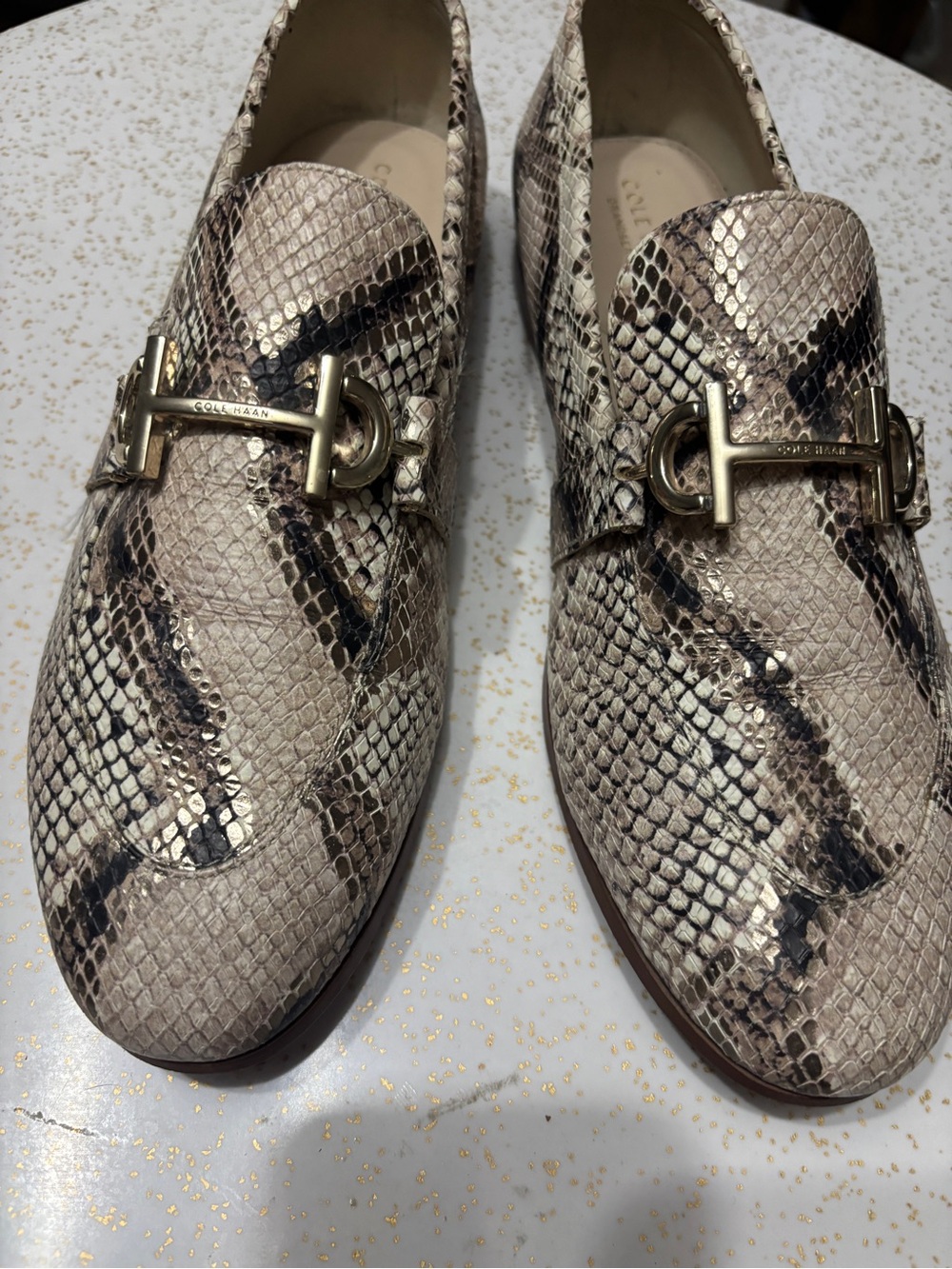 Cole Haan Beige Snake-Print Leather Loafers with Gold Bit
